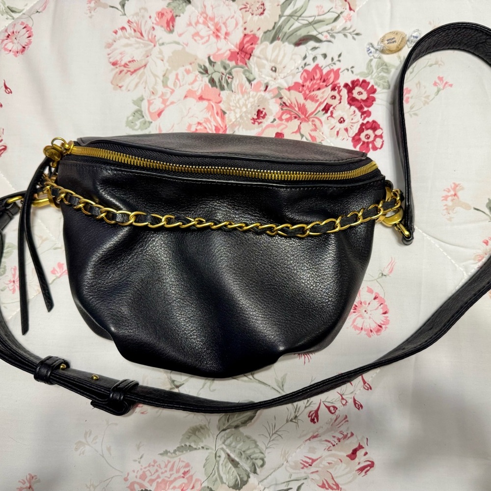 HOBO Miri Belt Bag Black Leather Crossbody Bag with Gold Chain